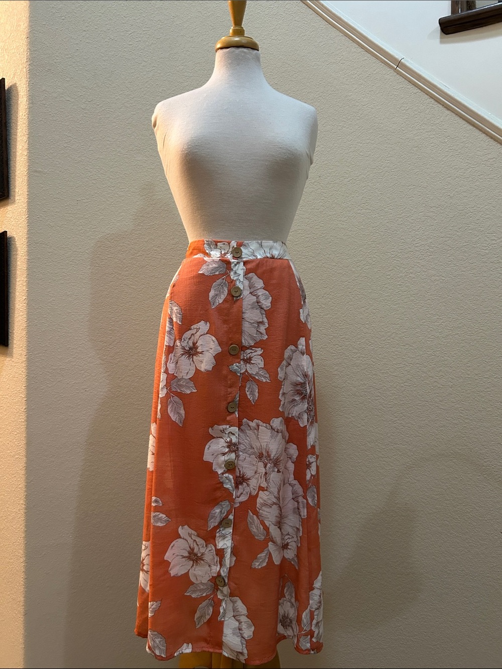 Mlle Gabrielle Orange Floral Button-Front Midi Skirt